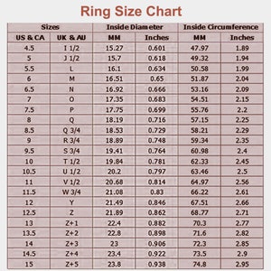 May include: A ring size chart with US and UK/AU ring sizes, inside diameter in millimeters and inches, and inside circumference in millimeters and inches.
