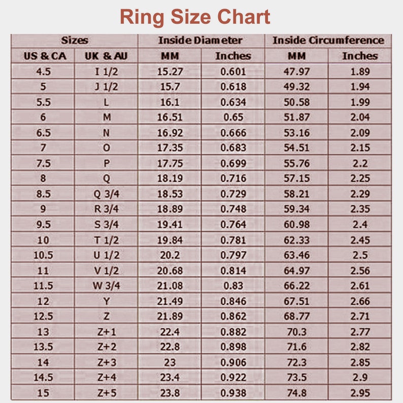 May include: A ring size chart with US and UK/AU ring sizes, inside diameter in millimeters and inches, and inside circumference in millimeters and inches.