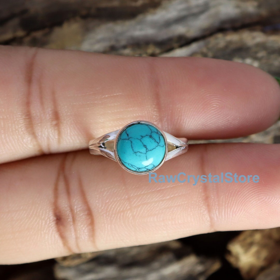 Handmade Turquoise Ring: Round Gemstone, Sterling Silver Wide Band - Etsy