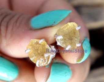 Raw Citrine Stud Earrings, 925 Sterling Silver, Healing Crystal
