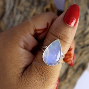 Moonstone Ring, Big Size Rainbow Moonstone Ring, Blue Flash Large Moonstone Ring, Sterling Silver Ring, Birthstone Ring, Pear Gemstone Ring