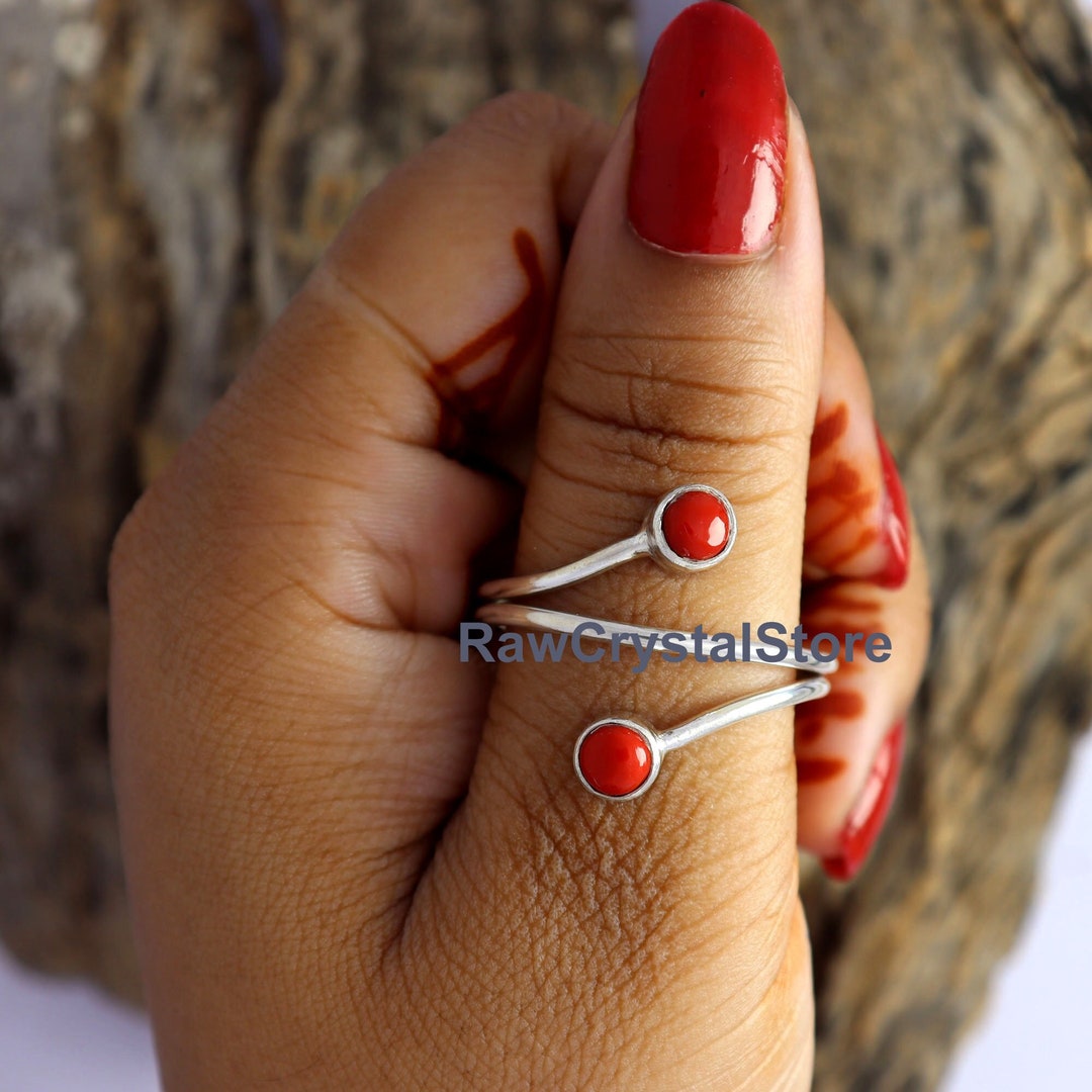 Red Coral Sterling Silver Double Stone Ring, Handmade Anniversary Gift ...