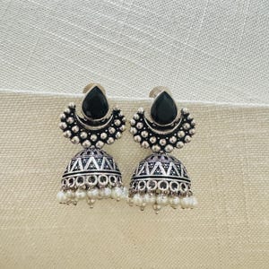 Oxidized Silver Jhumka Earrings: Pearl Drops, Indian Boho Jewelry