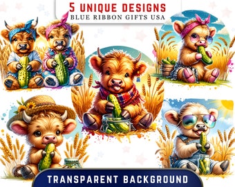 Paquete de imágenes prediseñadas de vacas de las Tierras Altas para amantes de los pepinillos, imágenes prediseñadas de pepinillos para amantes de las vacas, colección de acuarelas PNG de descarga digital instantánea para manualidades.
