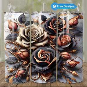 3D Floral Tumbler Wrap for 20 oz Skinny Tumbler, 3D Pink Roses Sublimation Design, Instant Digital Download, Fall Flowers Metallic PNG