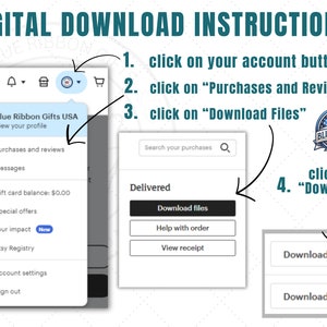 May include: A screenshot of a computer screen showing instructions on how to download digital files from Etsy. The instructions are numbered 1 through 4 and include clicking on the account button, clicking on "Purchases and Reviews", clicking on "Download Files", and clicking on "Download".