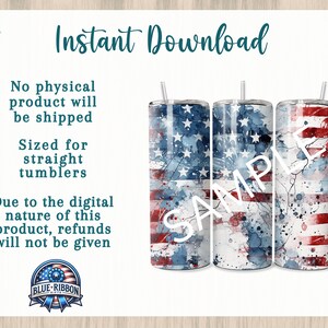 May include: Three sublimation designs for straight tumblers featuring a watercolor American flag with red, white, and blue colors. The designs are labeled "SAMPLE".