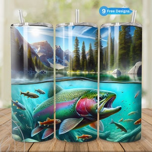 Rainbow Trout Fishing Tumbler Wrap for 20 oz Skinny Tumbler, Outdoor Sublimation Design, Instant Digital Download for Father&#39;s Day, Lake PNG