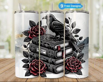Emballage de gobelet de livre gothique, gris moral, 20 oz skinny romantique, conception de tasse romantique, PNG livresque, club de lecture épicé, conception de sublimation de corbeau
