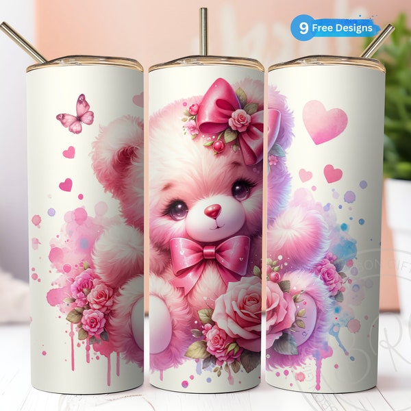 Coquette Teddy Bear, Pink Soft Girl Aesthetic for 20 oz Skinny Tumbler Wrap, Sublimation Design Instant Digital Download PNG, Teddie Bear