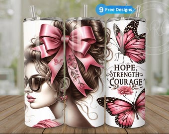 Pink Breast Cancer Survivor Tumbler Wrap for 20oz Skinny Tumbler, Messy Bun Awareness Design, Sublimation PNG for Instant Digital Download