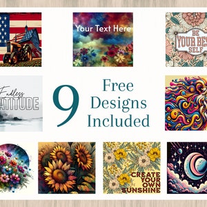 May include: Nine different digital designs for sublimation, featuring a variety of themes, including a tractor in front of a barn, a lion, sunflowers, and a moon with stars. The text "Free Designs Included" is also included in the image.