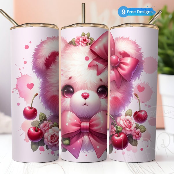 Coquette Teddy Bear Cherry Pink Soft Girl Aesthetic for 20oz Skinny Tumbler Wrap Sublimation Design Instant Digital Download PNG Teddie Bear