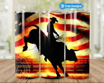 American Flag Rustic Rodeo Tumbler Wrap for 20 oz Skinny Tumbler, Cowboy Bull Riding Sublimation Design, Instant Digital Download PNG