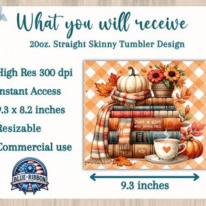 A delightful watercolor illustration featuring a stack of vintage books, surrounded by cream and pastel orange pumpkins, falling autumn leaves, and a cup of hot cocoa. Plaid orange white background. Design is shown on a photo listing card.