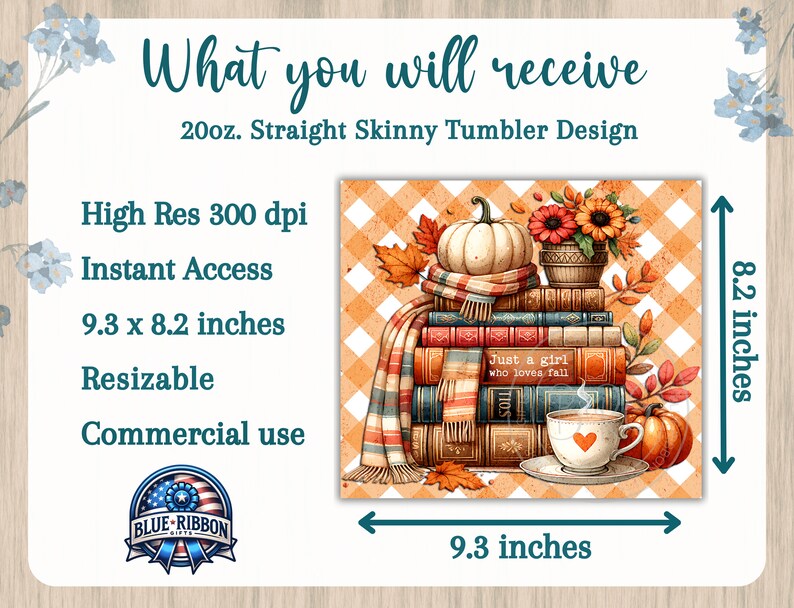 A delightful watercolor illustration featuring a stack of vintage books, surrounded by cream and pastel orange pumpkins, falling autumn leaves, and a cup of hot cocoa. Plaid orange white background. Design is shown on a photo listing card.