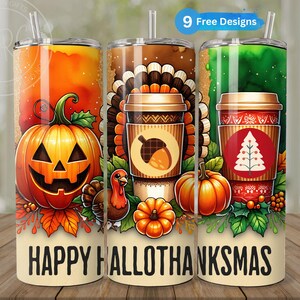 Happy Hallothanksmas Tumbler Wrap for 20 oz Skinny Tumbler, Halloween Thanksgiving Christmas PNG, Sublimation DIGITAL Design, Funny Holiday