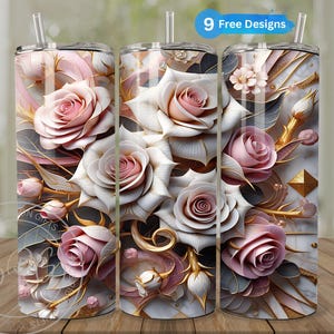 3D Floral Wedding Tumbler Wrap for 20 oz Skinny Tumbler, 3D Pink Roses Sublimation Design, Instant Digital Download, Metallic Flower PNG