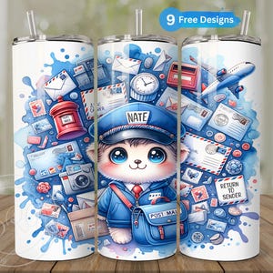 Envoltura personalizada para vaso de cartero de 20 oz, diseño delgado, collage de sellos y cartas de cartero, diseño de sublimación para descarga digital, PNG