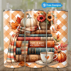 A delightful watercolor illustration featuring a stack of vintage books, surrounded by cream and pastel orange pumpkins, falling autumn leaves, and a cup of hot cocoa. Plaid orange white background. Design is shown on three 20 ounce skinny tumblers.
