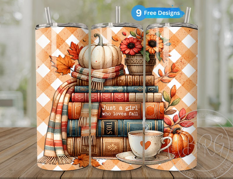 A delightful watercolor illustration featuring a stack of vintage books, surrounded by cream and pastel orange pumpkins, falling autumn leaves, and a cup of hot cocoa. Plaid orange white background. Design is shown on three 20 ounce skinny tumblers.