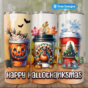 Happy Hallothanksmas Tumbler Wrap for 20 oz Skinny Tumbler, Halloween Thanksgiving Christmas PNG, Sublimation DIGITAL Design, Funny Holiday