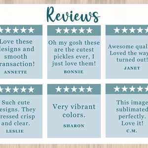 May include: A collage of six customer reviews with five-star ratings for a product. The reviews highlight the quality, design, and vibrancy of the product. The text includes phrases like "Love these designs", "Awesome quality", "Very vibrant colors", and "This image sublimated perfectly".
