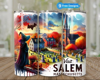 Salem Massachusetts Tumbler Wrap for 20oz Skinny, Visit Salem, Halloween Girls Trip PNG, Spooky Season, Retro Witchy Design, Vintage Fall