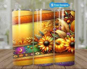 Sunflower Fall Vibes Tumbler Wrap for 20 oz Skinny, Pumpkin Spice Sublimation PNG, DIGITAL Design, Add Your Name, Cute Pumpkin Tumbler
