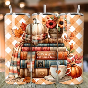 A delightful watercolor illustration featuring a stack of vintage books, surrounded by cream and pastel orange pumpkins, falling autumn leaves, and a cup of hot cocoa. Plaid orange white background. Design is shown on three 20 ounce skinny tumblers.