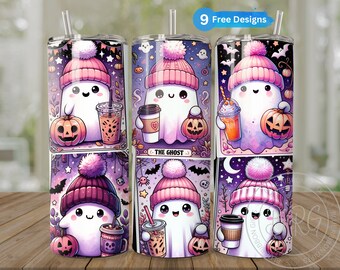 Cute Ghost Tarot Card Tumbler Wrap, Halloween Sublimation Design for 20oz Skinny Tumbler, Digital Download Template, Pastel Pink Ghost PNG