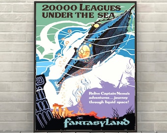 20,000 Leagues Under the Sea Poster Fantasyland Poster Disney Attraction poster Magic Kingdom Poster Disney World Posters Disneyland Poster