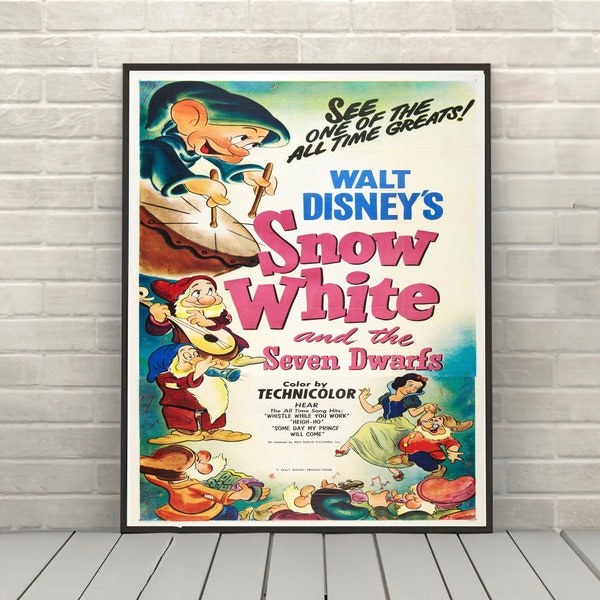 Snow White and the Seven Dwarfs Poster Vintage Disney Movie poster Classic Disney Poster Disney World Posters Magic Kingdom Wall Art