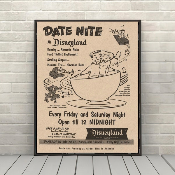 Date Nite at Disneyland Poster Disney Attraction poster Magic Kingdom Disneyland Date Night Disney World Posters Disneyland Wall Art