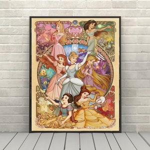 Disney Princess Poster Cinderella, Little Mermaid, Jasmine, Snow White, Sleeping Beauty, Tangled Poster Vintage Disney Movie Posters