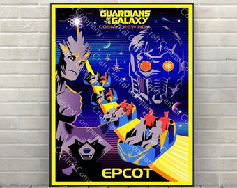 Pôster de retrocesso cósmico dos Guardiões da Galáxia Pôster do Epcot Pôster da atração da Disney Pôsteres do Disney World (2 Mickeys escondidos)
