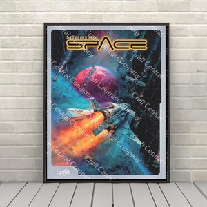 May include: A vintage poster for the video game "Mission: Space". The poster features a spaceship flying through space with a red planet in the background. The text "Mission: Space" is written in a bright yellow font.