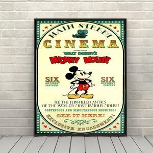 Main Street Cinema Poster Disney Poster Disney Attraction poster Mickey Mouse Poster Disney World Posters Magic Kingdom Poster Disneyland