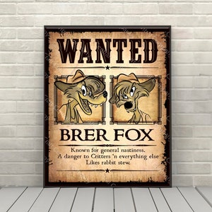 Brer Fox Wanted Poster Splash Mountain Poster Disney Attraction poster Magic Kingdom Frontierland Poster Disney World Posters Disneyland