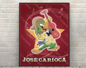Os Três Caballeros Cartaz Gran Fiesta Tour Jose Carioca Cartaz Epcot Disney Cartaz de atração Cartazes vintage do mundo da Disney