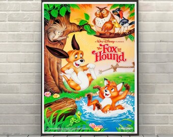 May include: A vintage movie poster for the Disney animated film "The Fox and the Hound". The poster features a cartoon fox and hound playing in a stream with a forest background. The text "A Walt Disney Classic" and the title of the film are featured on the poster.