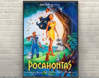 May include: A movie poster for the animated film Pocahontas, featuring the title in a stylized font. The poster depicts Pocahontas, a Native American woman, standing in a forest setting with a white bird and a raccoon. A man with a rifle stands behind her. The poster is framed in black.