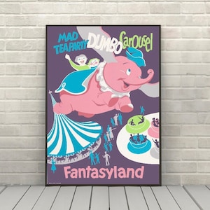 Dumbo Poster Vintage Disney Attraction Poster Mad Tea Party Carousel Classic Disney Poster Disneyland Posters Disney World  Poster