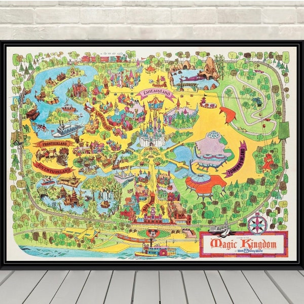 1973 Magic Kingdom Map Poster Disney map Poster Disney World Map Posters Vintage Vintage Disney Attraction poster Disneyland map Wall Art