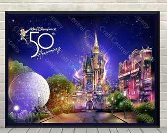 Disney 50. Jahrestag Poster Disney World Vier Parks Attraktionen Poster Enchantment Magic Kingdom, Epcot, Hollywood Studios, Animal Kingdom
