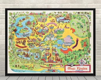 1973 Magic Kingdom kaart poster Disney kaart poster Disney wereldkaart posters vintage vintage Disney attractie poster kaart muurkunst