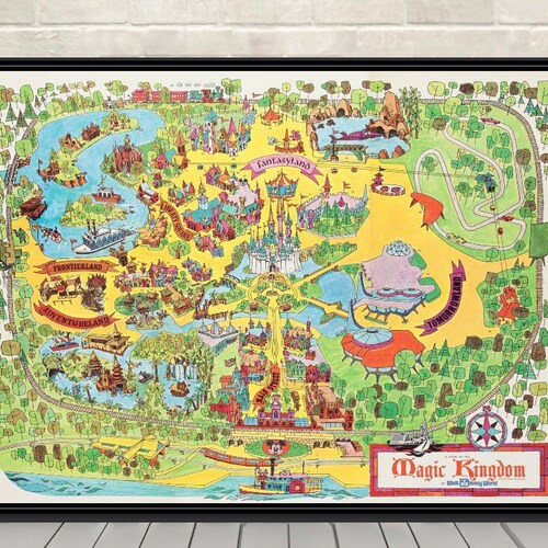1973 magic kingdom map poster disney map poster disney world etsy