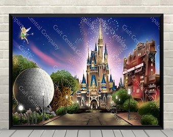 Pôster dos quatro parques da Disney: Magic Kingdom, Epcot, Hollywood Studios, Animal Kingdom. Pôster vintage de atrações da Disney. Pôsteres do Disney World.