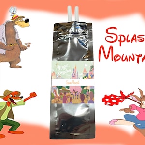 Pode incluir: Uma bolsa prateada com um canudo, apresentando uma imagem de desenho animado do Splash Mountain do Magic Kingdom da Disney. A bolsa tem um rótulo branco com o texto "Splash Mountain" e "Magic Kingdom". A imagem também inclui personagens de desenho animado do passeio, incluindo um urso, uma raposa e um coelho.