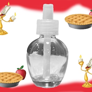 May include: A clear glass bottle with a white plastic pump top. The bottle is heart-shaped and filled with a clear liquid. The bottle is surrounded by images of apple pies, red apples, and a cartoon character holding candles.